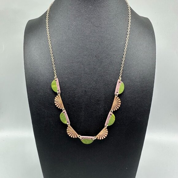 3/$30 Sunburst Pendant Necklace Gold Green Boho Geometric Link Statement 18" - Picture 3 of 10